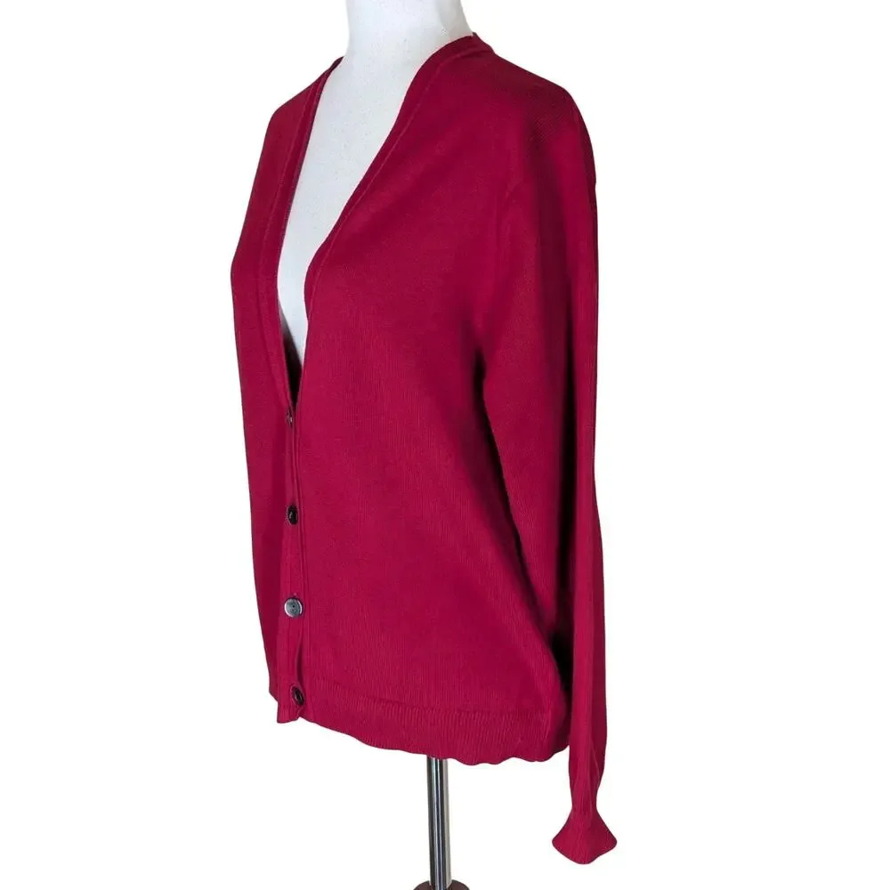 Vintage Talbots Red Cotton Long Sleeve Cardigan Sweater Size Large V Neck